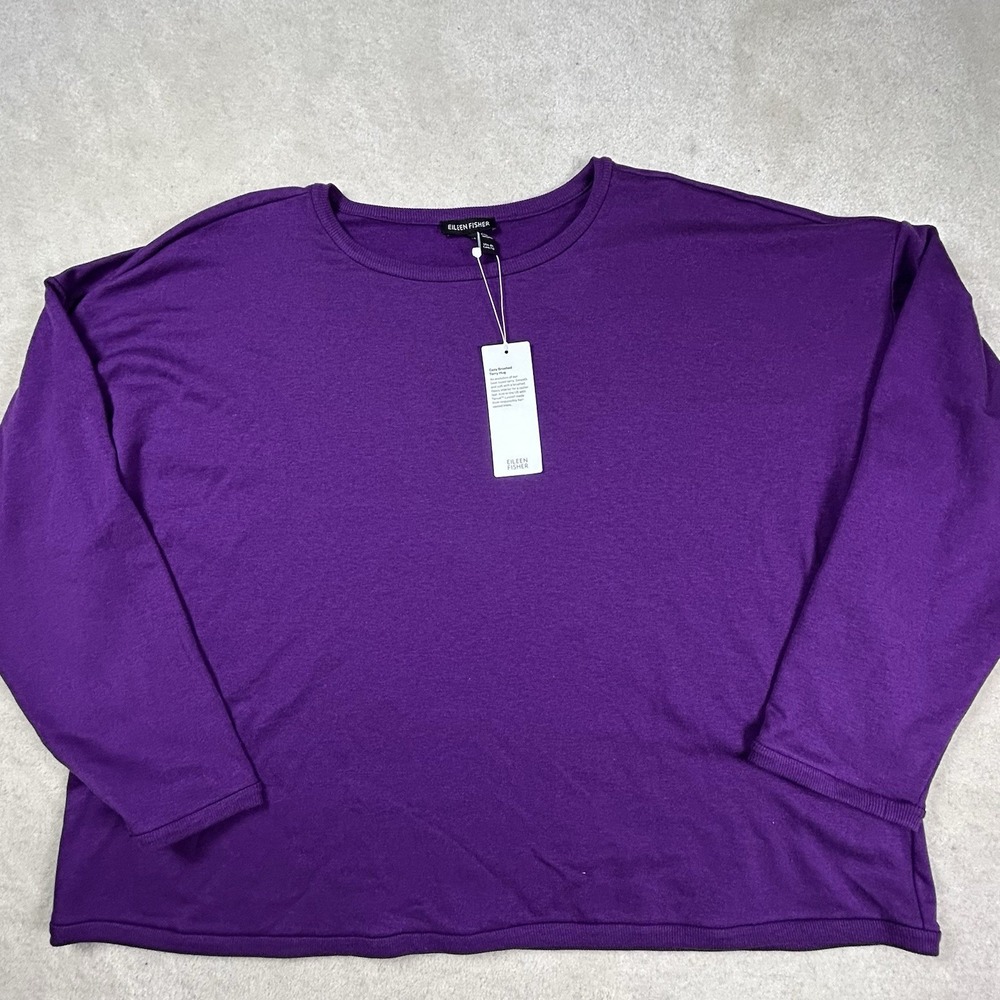 Eileen Fisher Cozy Brushed Terry Crew Neck Top Sweatshirt Womens XL Purple